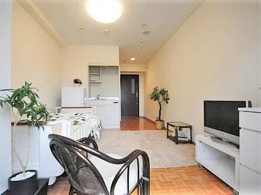 大型のテレビが設置されたテレビ台の前にはベッドが置かれ、観葉植物も二つあり、居心地のよさそうな雰囲気。