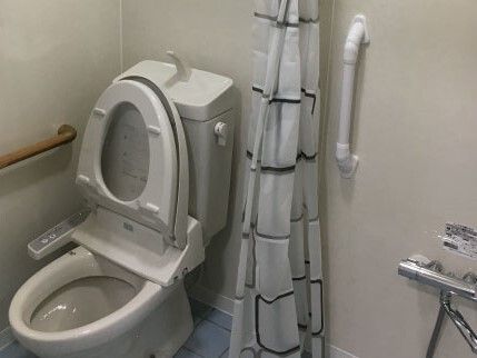 温水便座が付いたトイレには手すりが複数付き、カーテンで開け閉めをするタイプ。