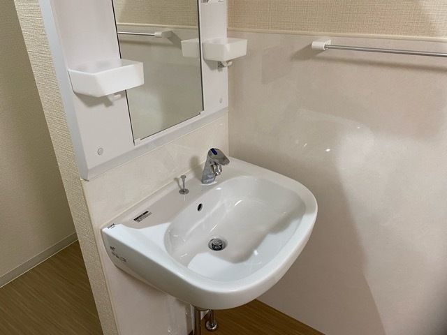 鏡や棚付きの洗面所があり、壁にはタオル掛けが設置されている。洗面所には水をためることもできる。