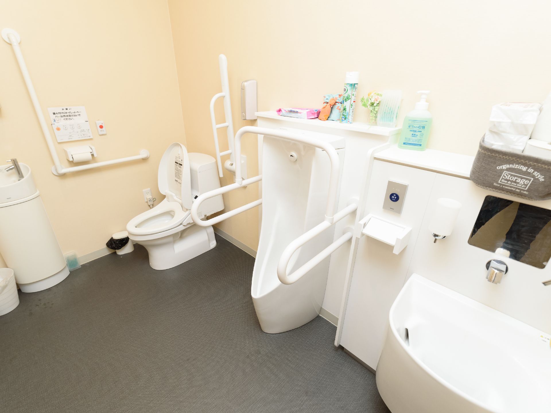 洋式、男性用、オストメイト対応型の３種類の便器を備えたトイレである。手すりや手洗い場も設置されている。