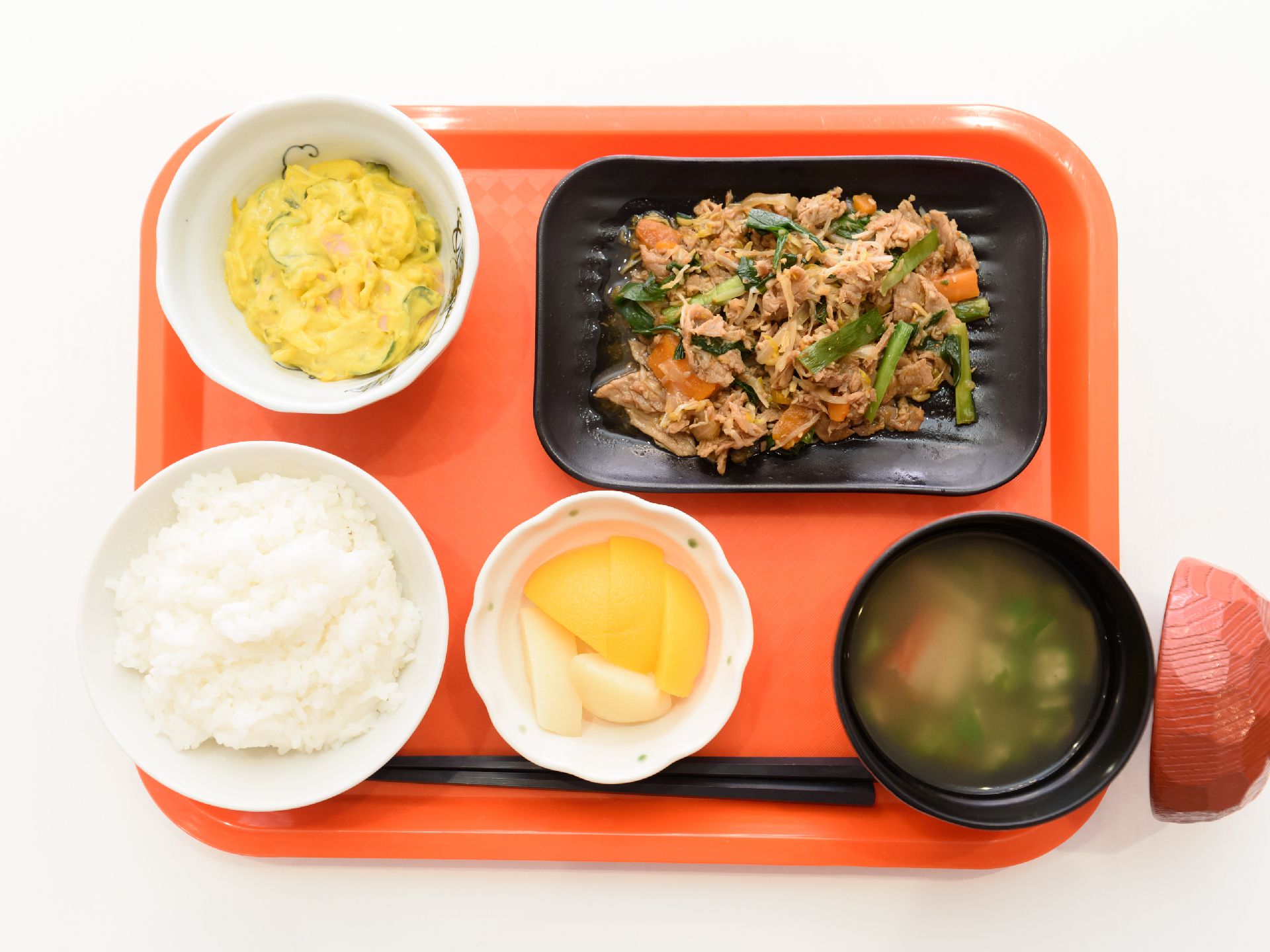 赤いトレーの上に食事の支度がされている。ご飯や汁物、主菜、副菜のメニューで、デザートにフルーツも添えられている。
