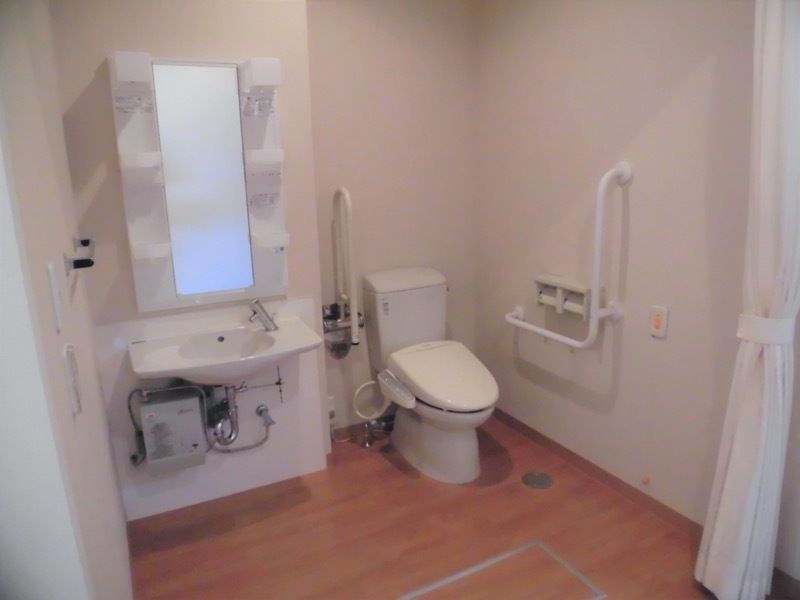 手すりや呼び出しボタンが付いたトイレには車いす対応の手洗いもあり、カーテンが付いている。