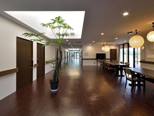 観葉植物や和紙でできたランプシェードが施設らしくない雰囲気。木材をふんだんに使用した重厚感のある造り。