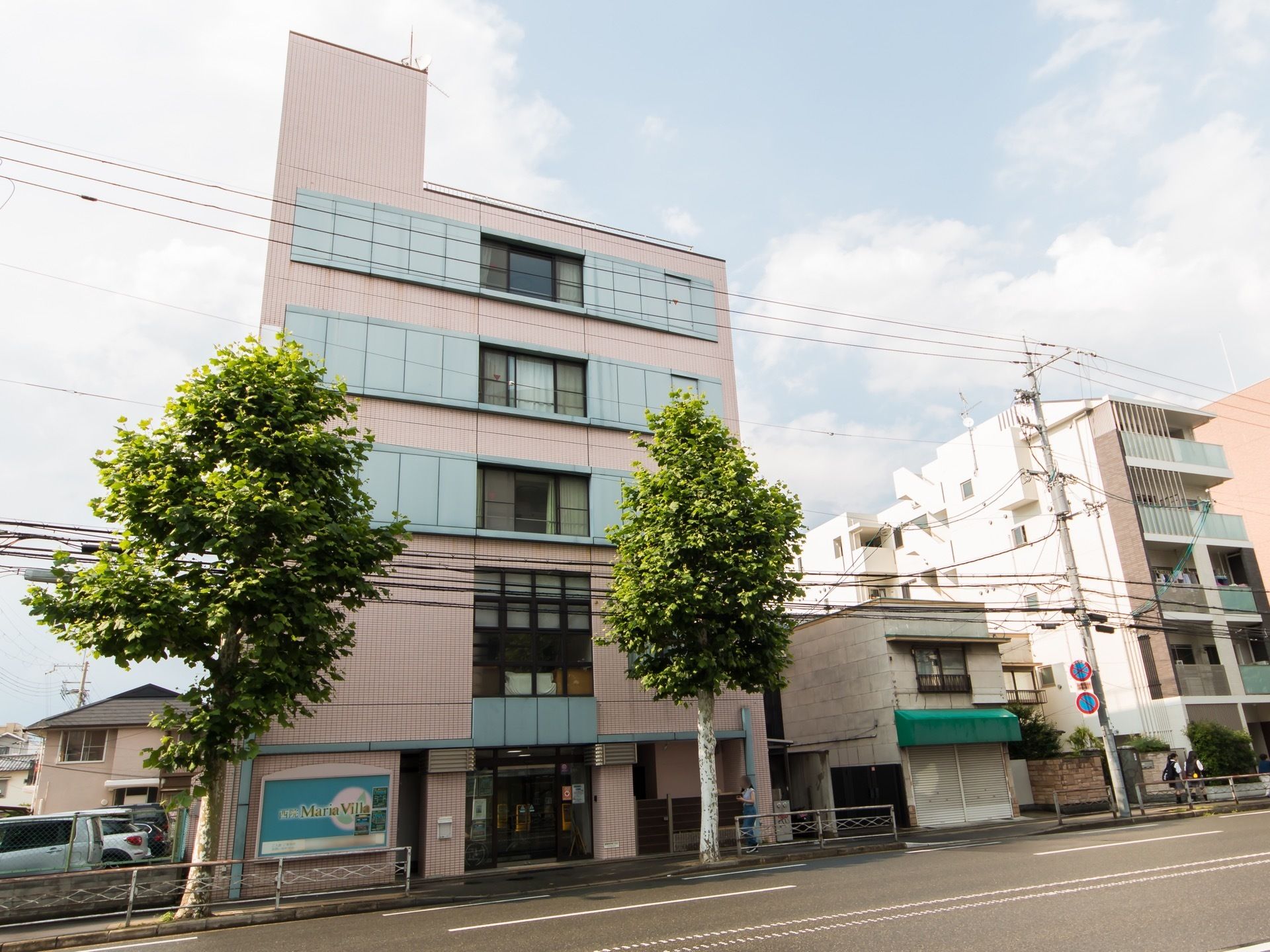薄いピンク色の建物で、５階まである。施設前は片側２車線の大通になっており、街路樹がところどころに植えられている。