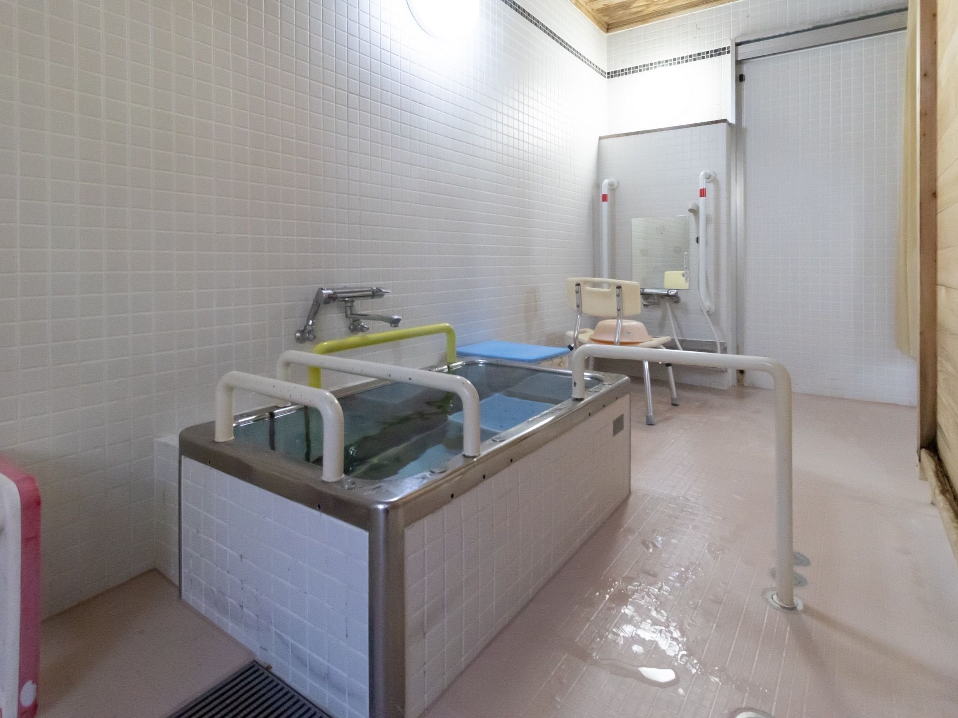 洗い場や浴槽の周りに多くの手すりが備わっている、広い浴室である。浴槽内にはステップが設置されている。