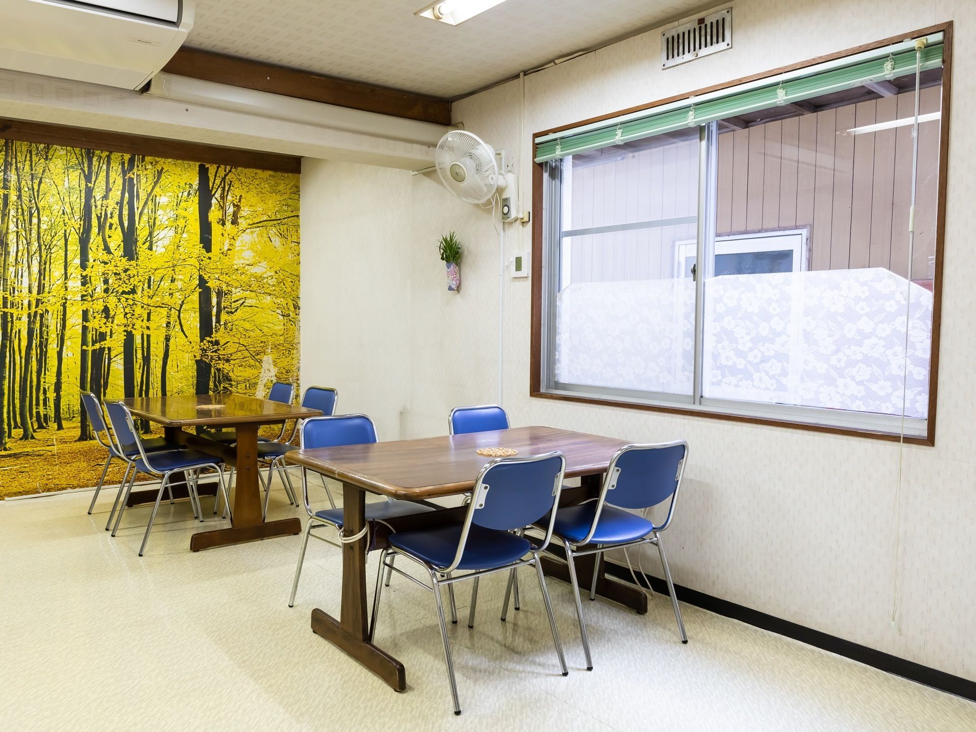 明るく広い食堂である。４人掛けテーブルが置かれており、壁に扇風機や森林が印刷されたロールスクリーンが設置されている。