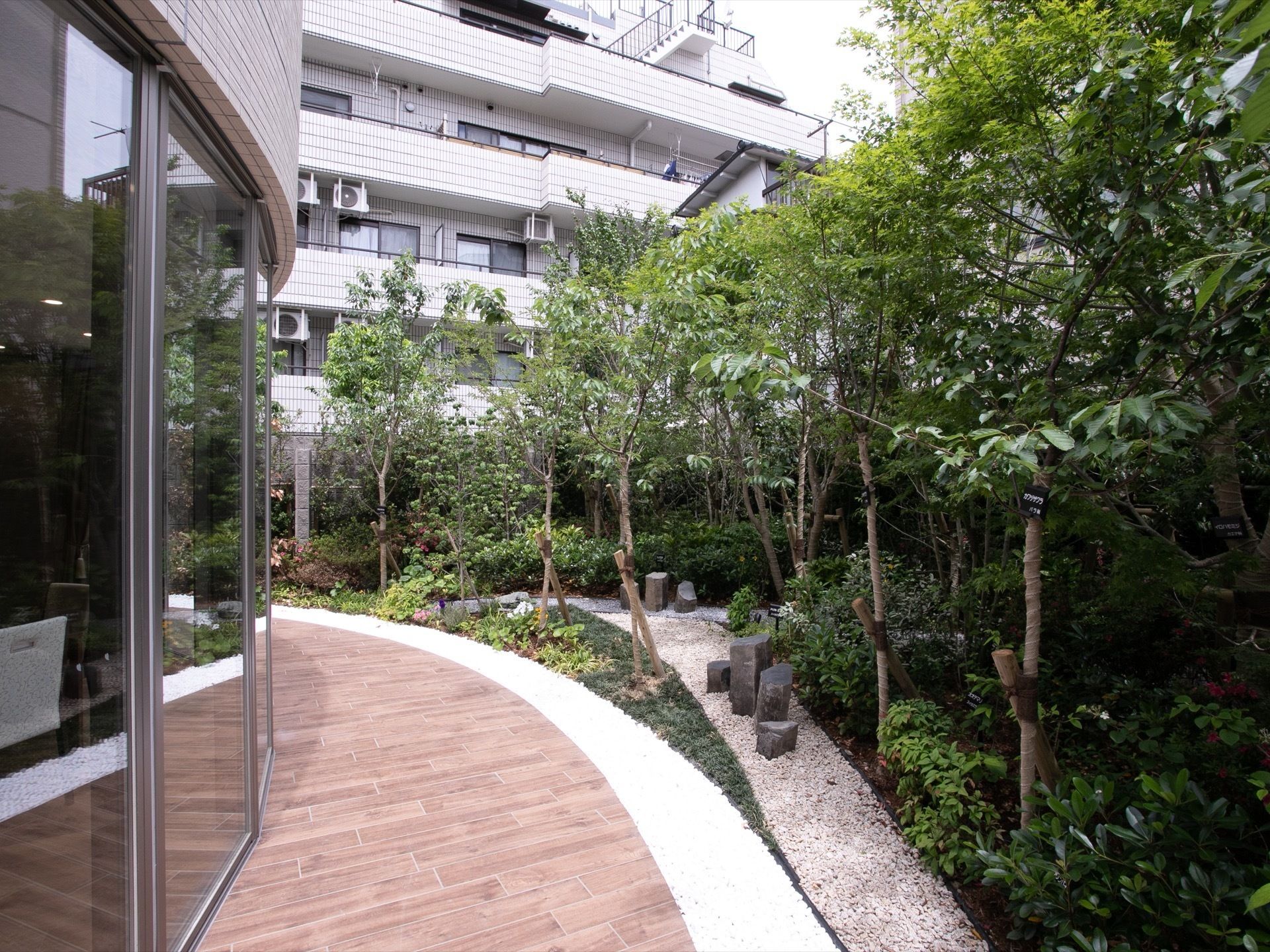 白いマンションのような建物の前に大小さまざまな樹木が植えられている。敷地内は雑草などなく整備されている。