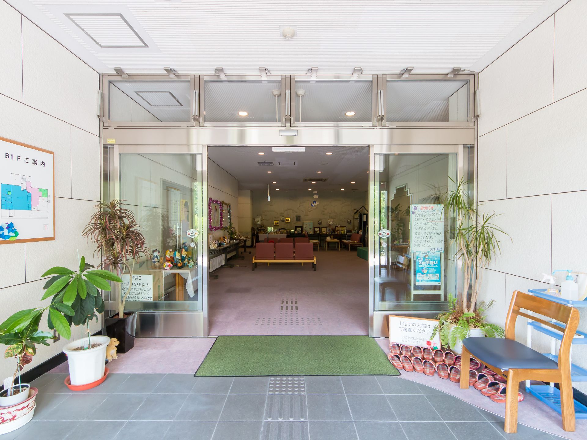 観葉植物の鉢や背もたれがついた椅子が置かれている玄関前