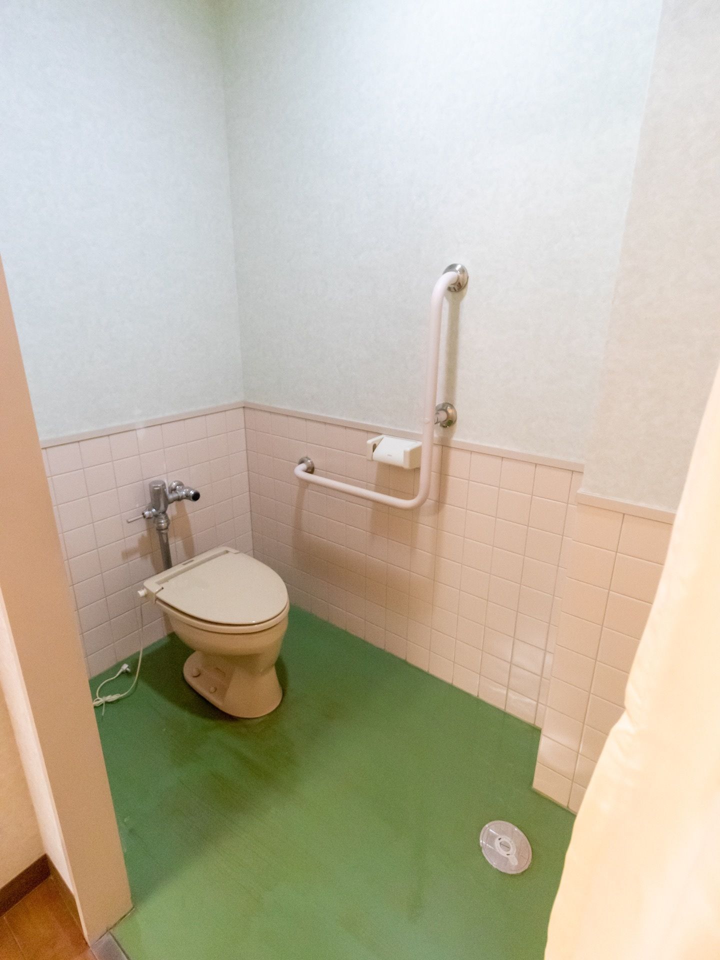 緑色の床の上に、ピンク色の便器が設置されている。便器の周囲の壁にはＬ字型の手すりとトイレットペーパーがついている。