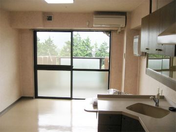 大きな窓にはカーテンがなく、エアコンが設置された部屋には家具や家電はなく、流しが付いている。