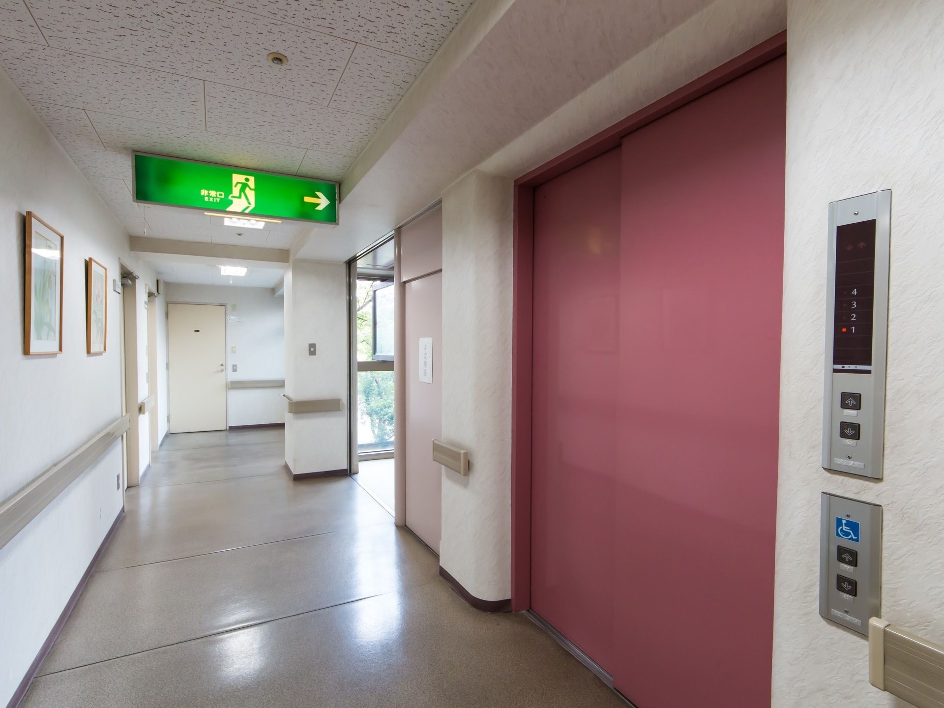 廊下の右側の壁面に、ピンク色のエレベーター扉が設置されている。正面の天井には、非常口表示灯が取り付けてある。