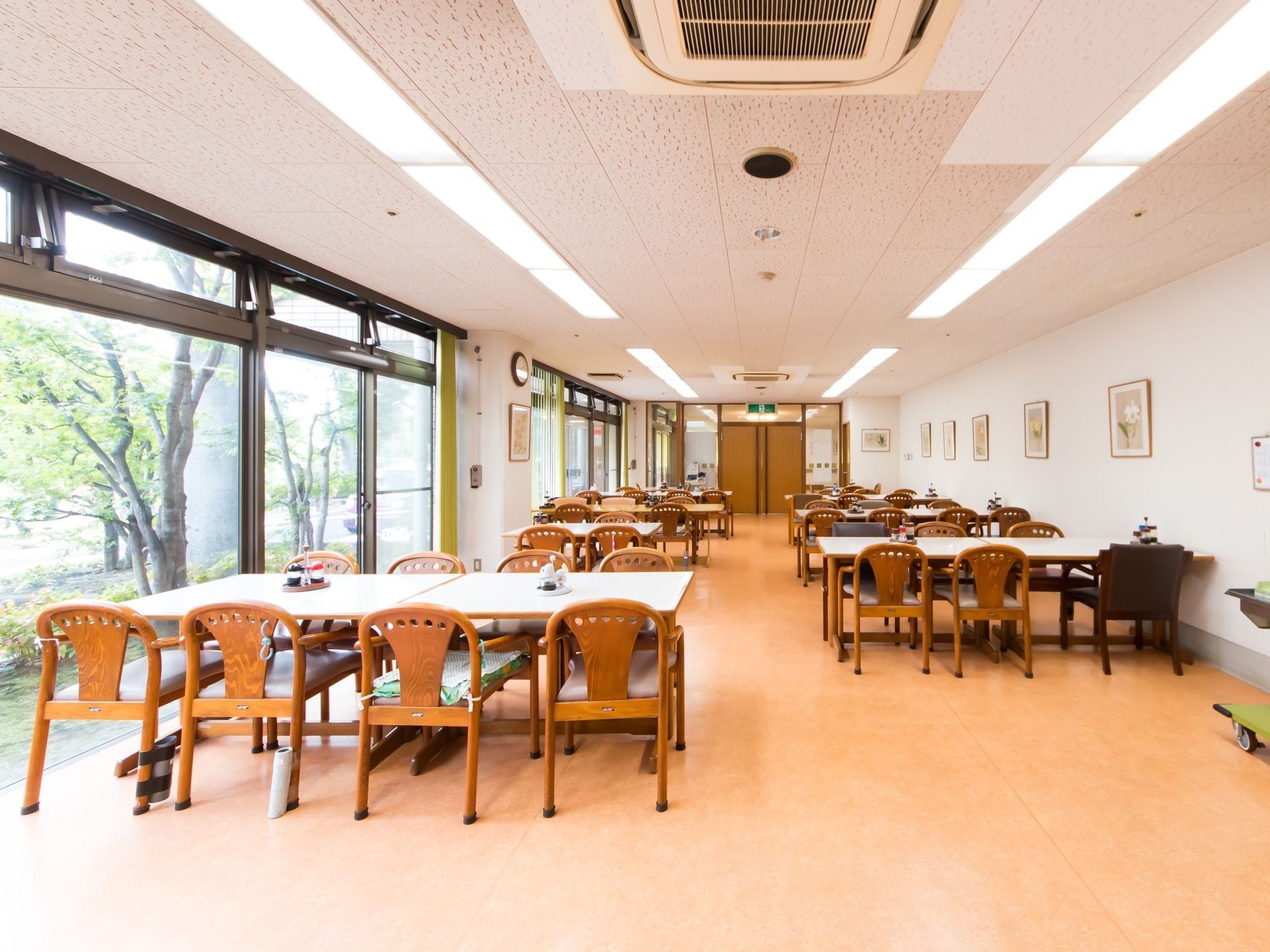 奥行きのある広間にテーブルや椅子が整然と並べてある。左側の壁面には大型の窓が並んでおり、屋外の木々の様子が見えている。
