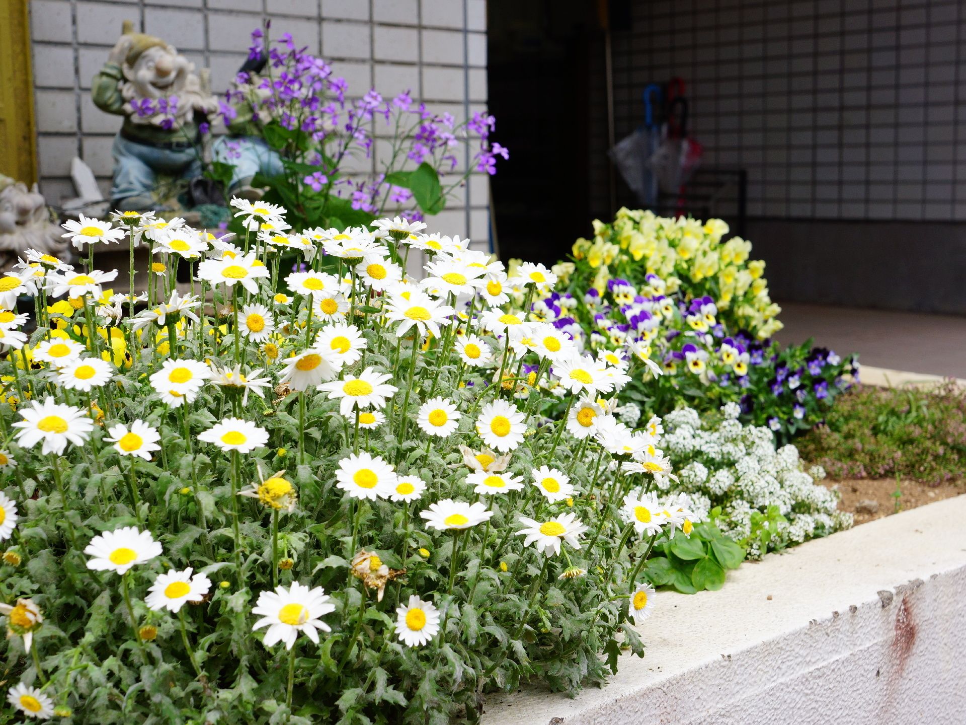 陶器造りの童話のキャラクターと色とりどりの季節の花々が植えられた花壇