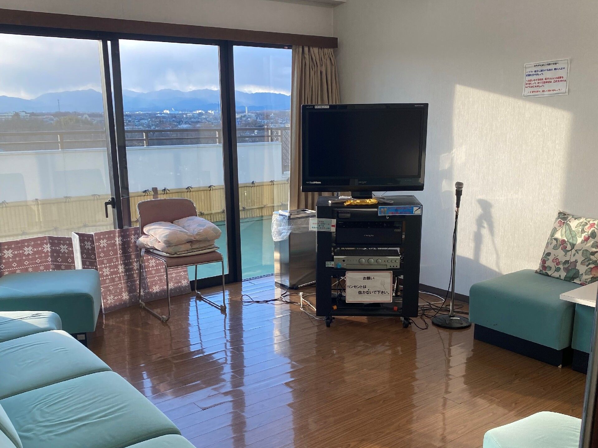 グリーンのソファが複数置かれたフローリングの部屋には本格的なカラオケ機器が置かれている。