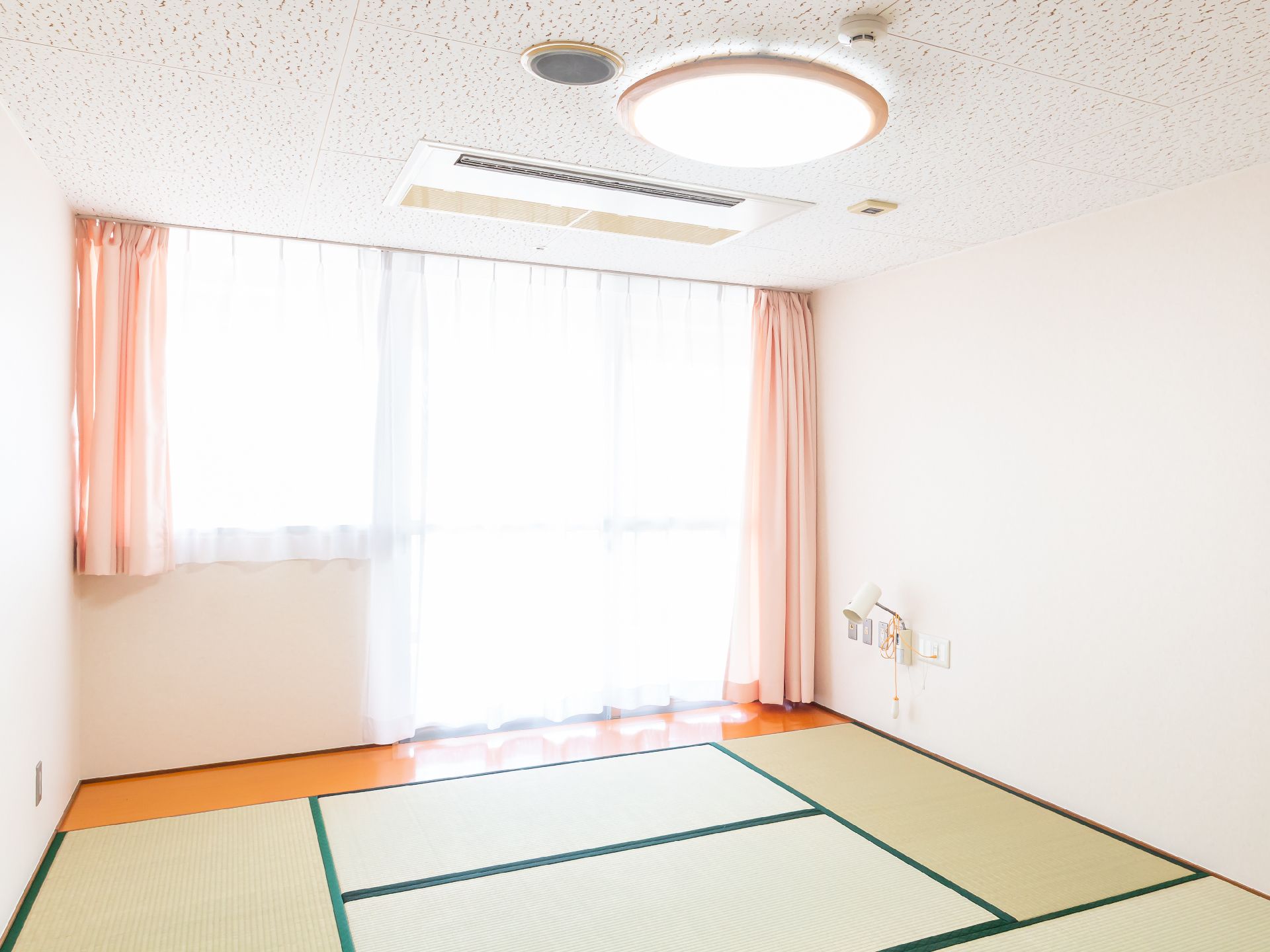 壁一面がカーテンに遮られた大きな窓の畳が敷かれた部屋