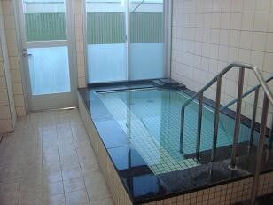 浴槽が大きく、たっぷりとお湯が張られている。出入り口には手すり付きの階段が付いている。