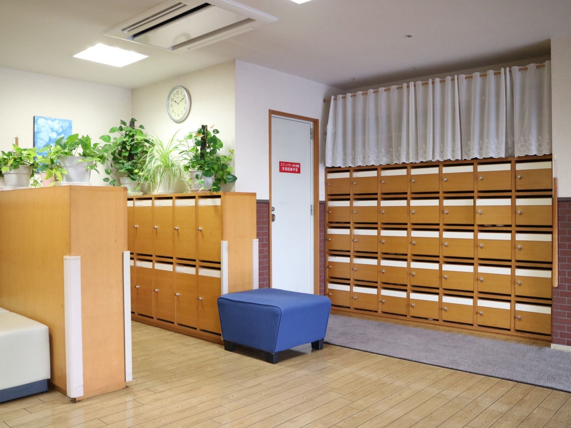 広々とした玄関である。入居者様用の靴箱は、木製でそれぞれ扉の付いた作りとなっている。角には白いクッション材を取り付けてある。