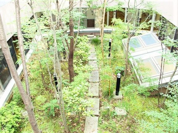 緑豊かな中庭の様子。遊歩道があってあるいて散策できる仕様になっている