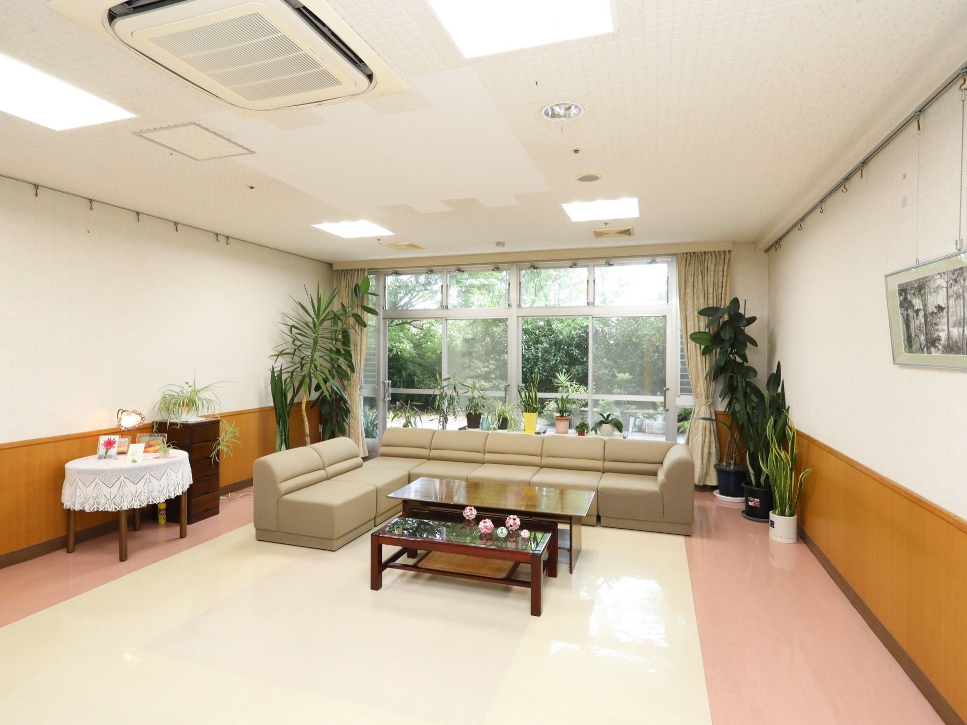 ソファとコーヒーテーブルが部屋の中央に用意されている。窓の周りには数種類の観葉植物が置かれている。壁には絵画が飾られている。