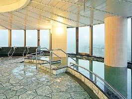 石畳のフロアに大きな浴槽が設置された展望風呂。奥にはシャワースペースもあり、浴槽の出入り口には手すりが付いている。