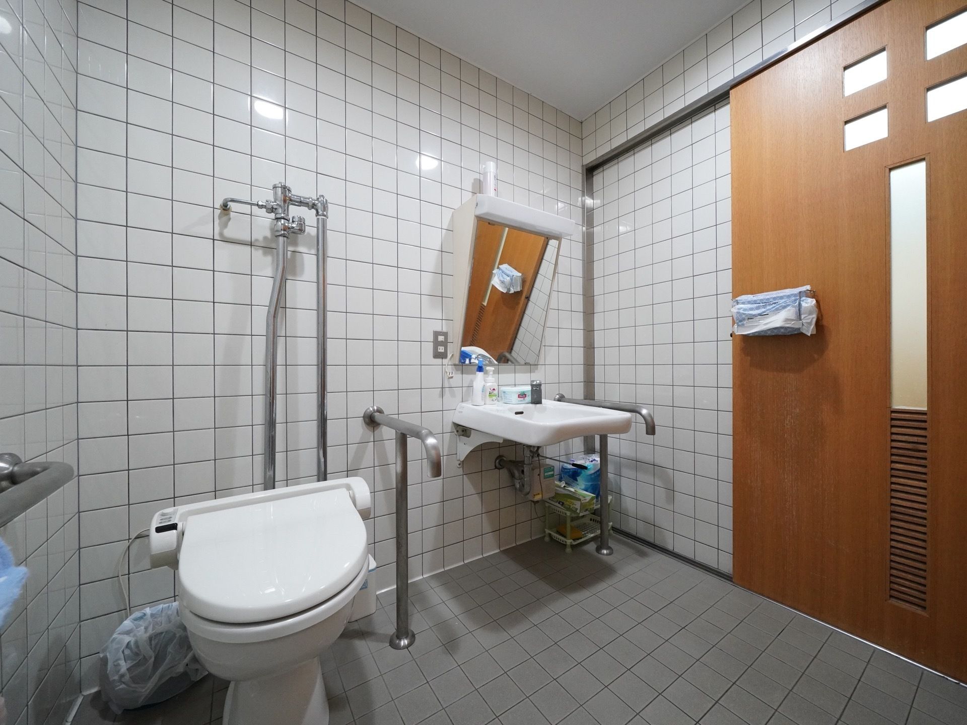 タイル敷きのトイレがあり、鏡付きの洗面台が設置されている。便座や洗面台の周りには手すりがついている。