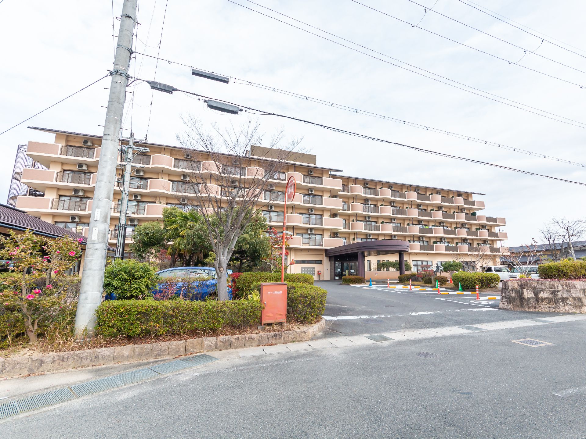 壁には手すりが付き、ブルーのソファの応接セットが館内に点在している。季節の花も飾られる。
