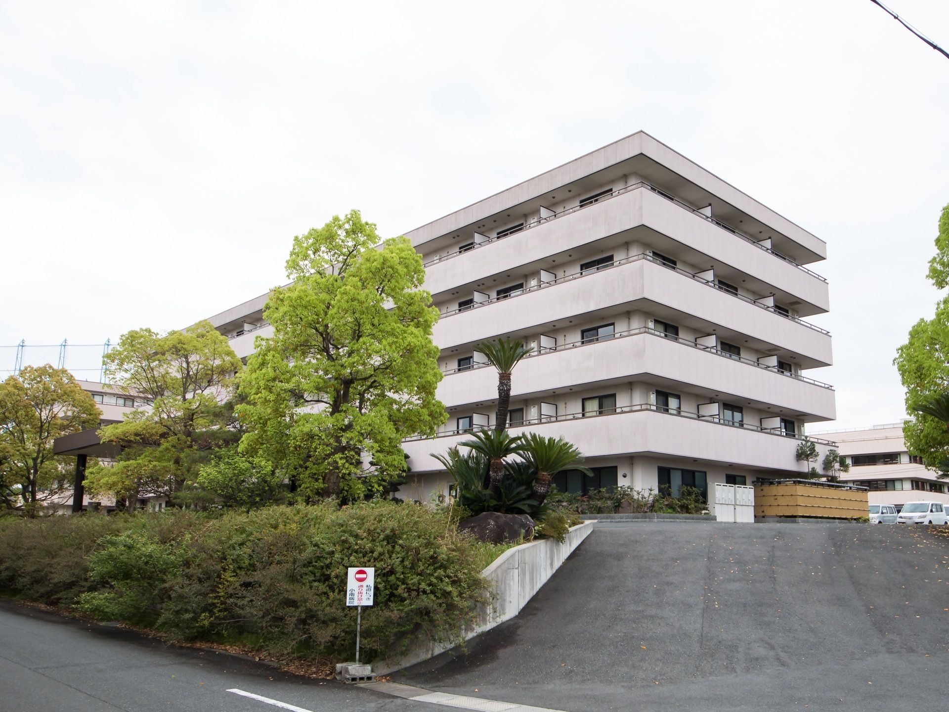 道路から一段高くなっている敷地に立地している施設である。道路沿いには、いろいろな木々が植えられている。