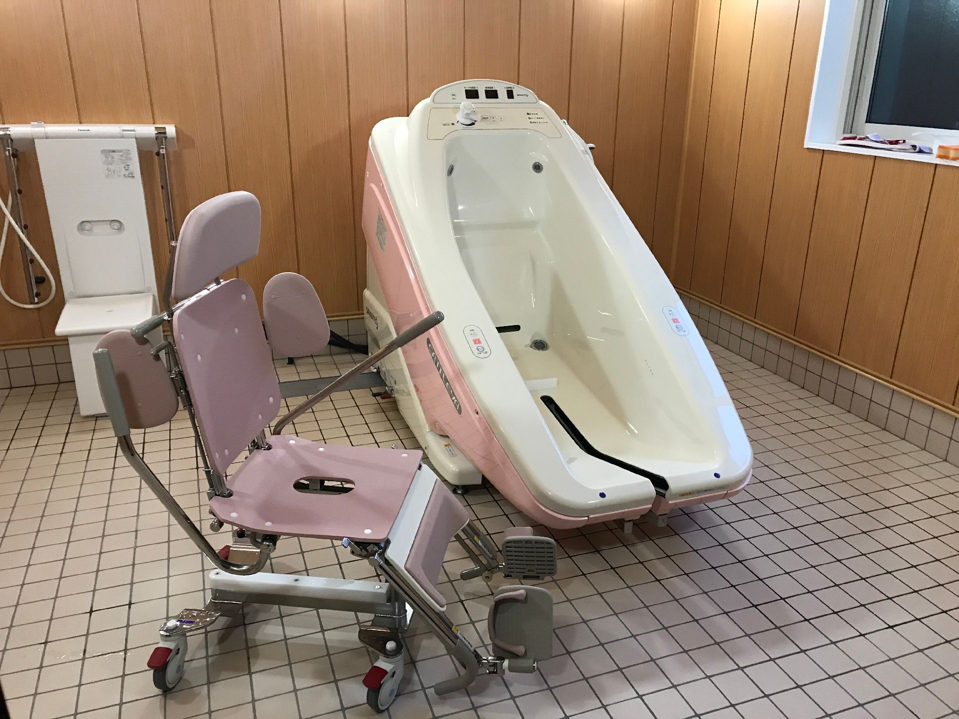 グリーンのエプロンを付けた若い女性スタッフが黒いニット帽をかぶった高齢女性を抱きしめるようにして介助している様子。