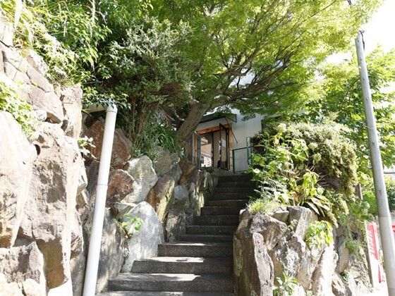 階段を上っていくと建物のドアのようなものが見える。両サイドには木がうっそうと茂っている。