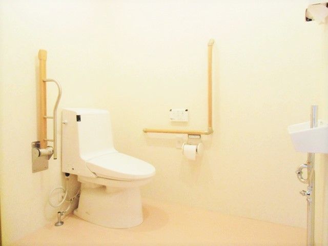 トイレは手すりが両サイドにつき、片方は可動式。手洗い場もつき介助用のスペースもある。