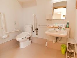 広いトイレには可動式の手すりと備え付けの手すりが付き、洗面所の横には小さなごみ箱などもある。