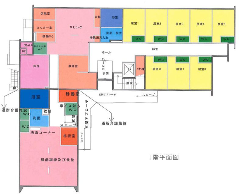 有料老人ホーム すこやかの里の1階のフロアマップ