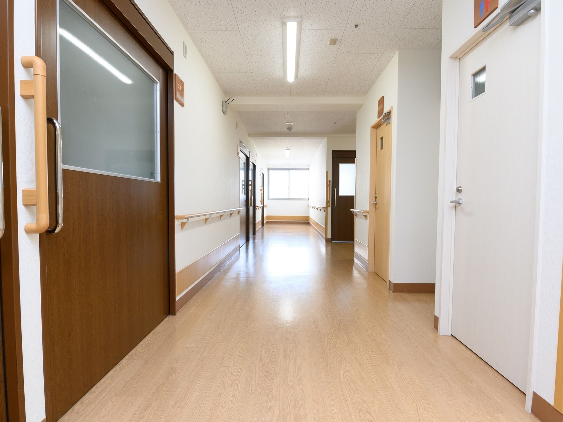 フローリングの床の廊下で、突き当たりには窓が設置されている。上部には細長い電灯が取り付けられている。