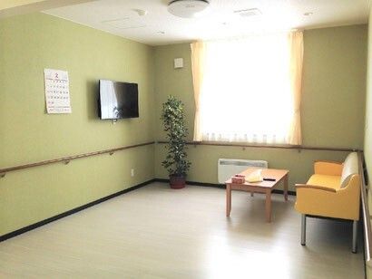 モスグリーンの壁には木製の茶色い手すりが付き、大きな壁掛けテレビの正面に黄色いソファとローテーブルが置かれ、観葉植物も飾られている。