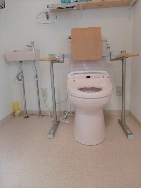背もたれと手すりが設置されたトイレ。手洗い場もある。