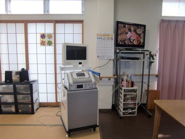 モニター付きのカラオケセット。食堂から続く畳スペースとの間に段差はない。