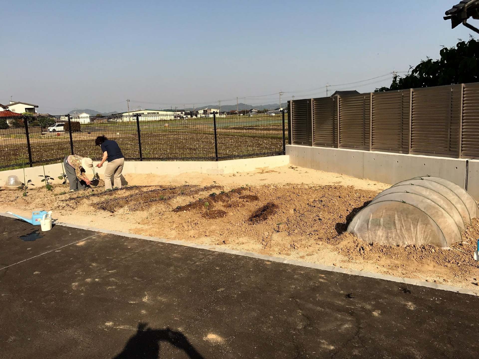 敷地内にある広い畑で作業をするスタッフ。本格的なビニールハウスもある。