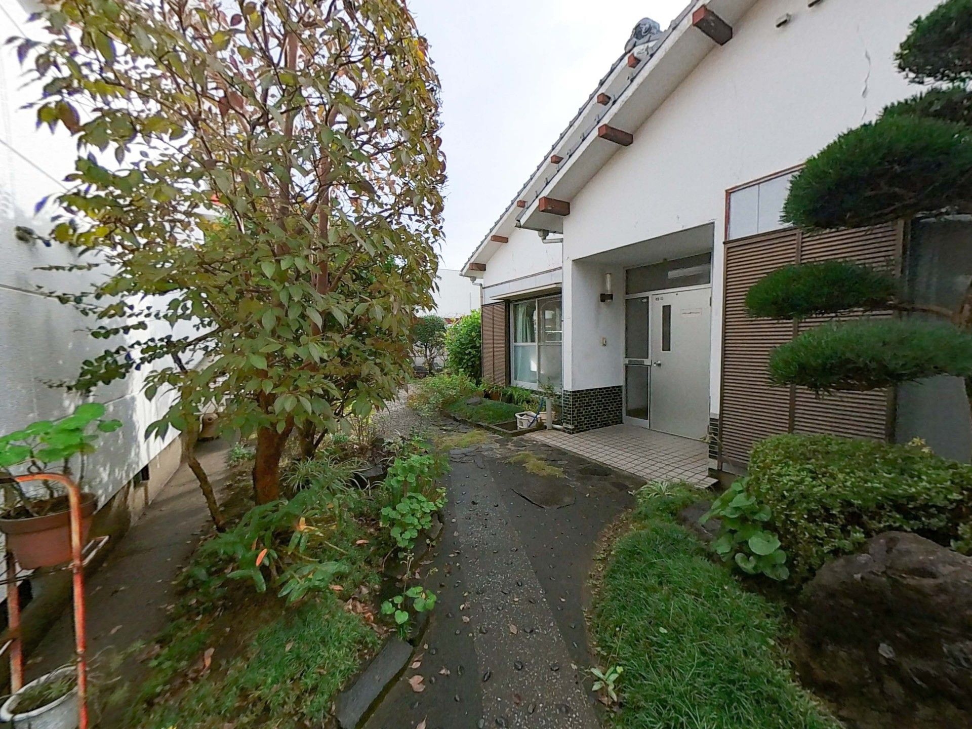 車いすに乗る女性と笑顔でそれを押すスタッフ。二人で散歩しながら会話している様子
