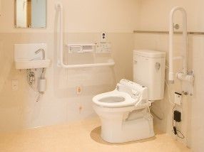 呼び出しボタン、操作パネル、手すりなどが壁に設置され、手洗い場もある。