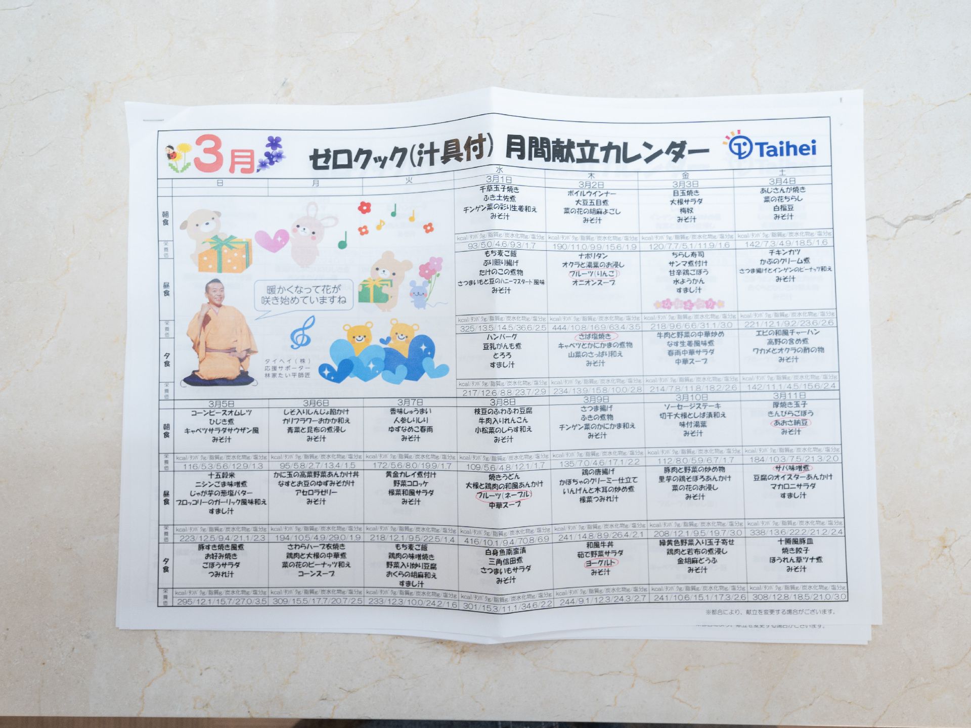 献立が記載されている展示物