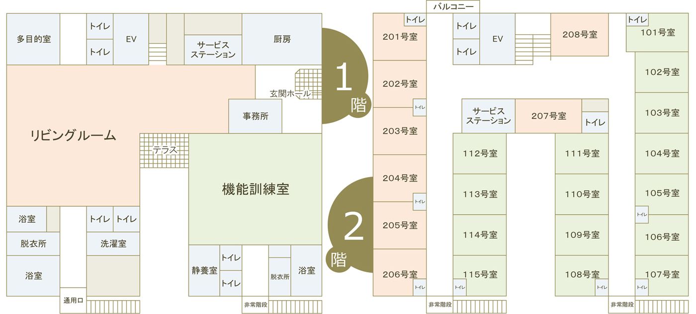 住宅型有料老人ホーム 特別介護ホーム高平台の1～2階のフロアマップ