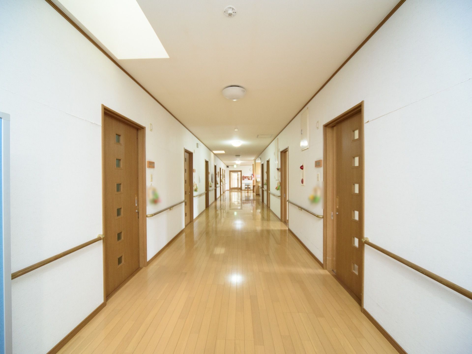 ドアの中央に小窓が複数付いている。くぼみに手を入れて、開け閉めする引き戸である。白い壁に茶色い手すりを付けている。