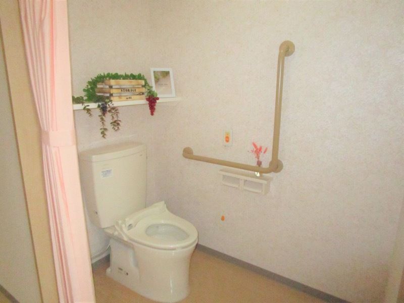 エル字型の手すりや呼び出しボタンが付いたトイレは広く、カーテンで開け閉めするタイプ。