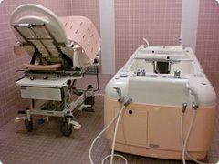 ストレッチャータイプのリフトが左側にあり、右側には浴槽のような形の機械があり、浴室はタイル張りになっている。
