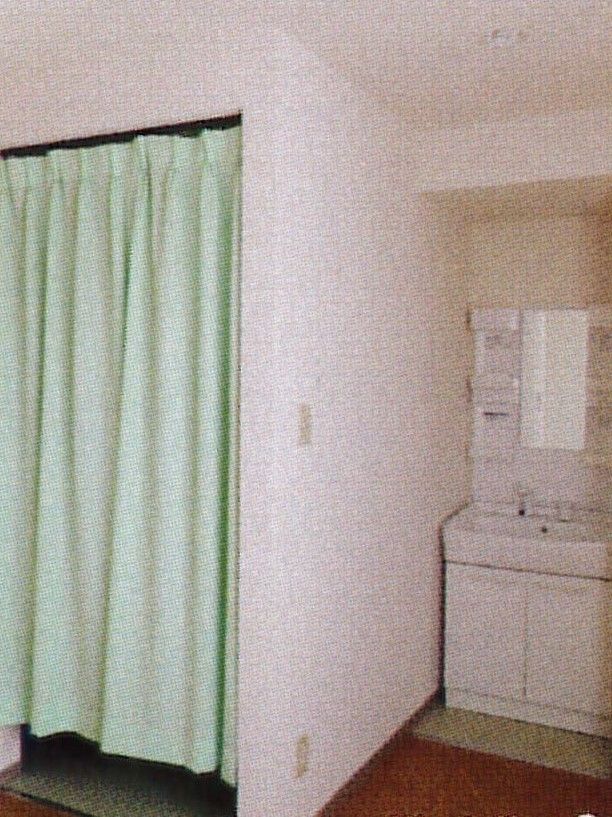 トイレはカーテンで仕切り、その横には独立した洗面所がある。