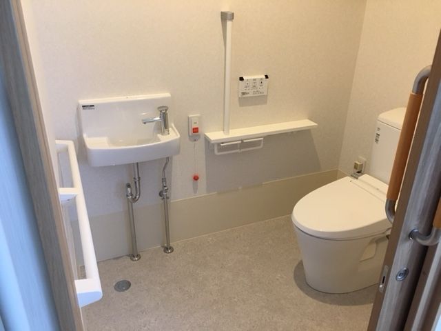 オレンジの呼び出しボタンが付いた広いトイレには手すりもあり、小さな手洗い場も設置されている。