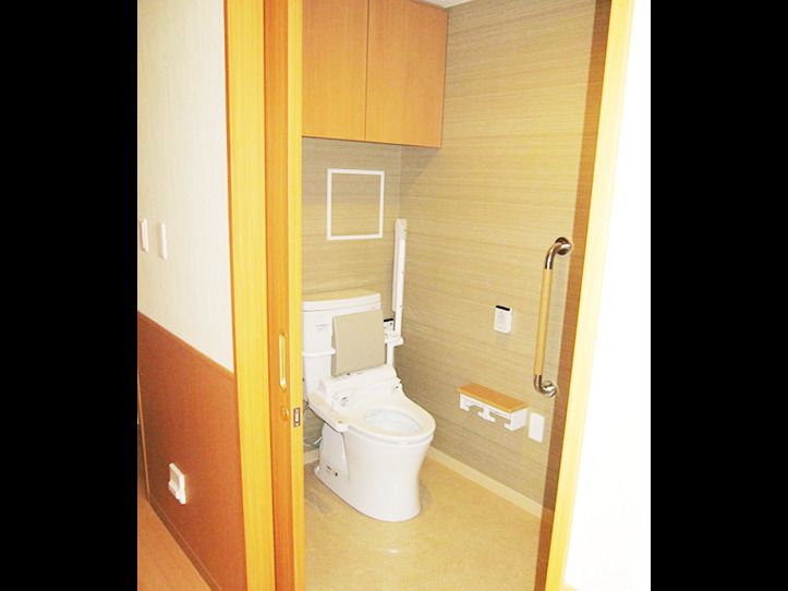 手すりや背もたれが付いた便座。壁にも手すりが付き、便座の上には扉付きの収納スペースもある。