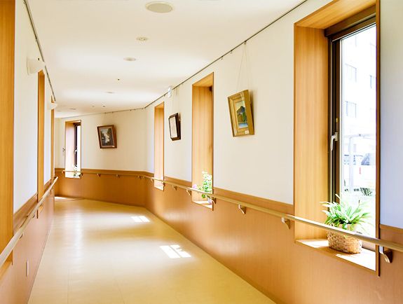 廊下には絵画や観葉植物も飾られている。壁には手すりが付き、窓もたくさん設置されている。