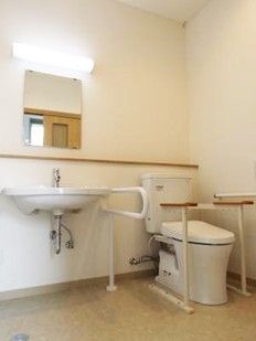 トイレと洗面台が一体になったトイレスペース。便器の両側に手すりがついている様子