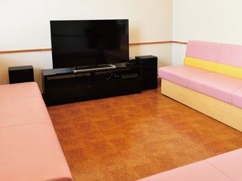 大型テレビの両サイドにスピーカーが設置され、ピンクのソファがテレビを囲んでいる。